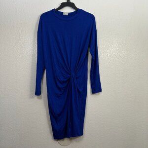 Gold Spark Knot Front Long Sleeve Midi T-Shirt Dress Jersey Knit Stretch Cobalt